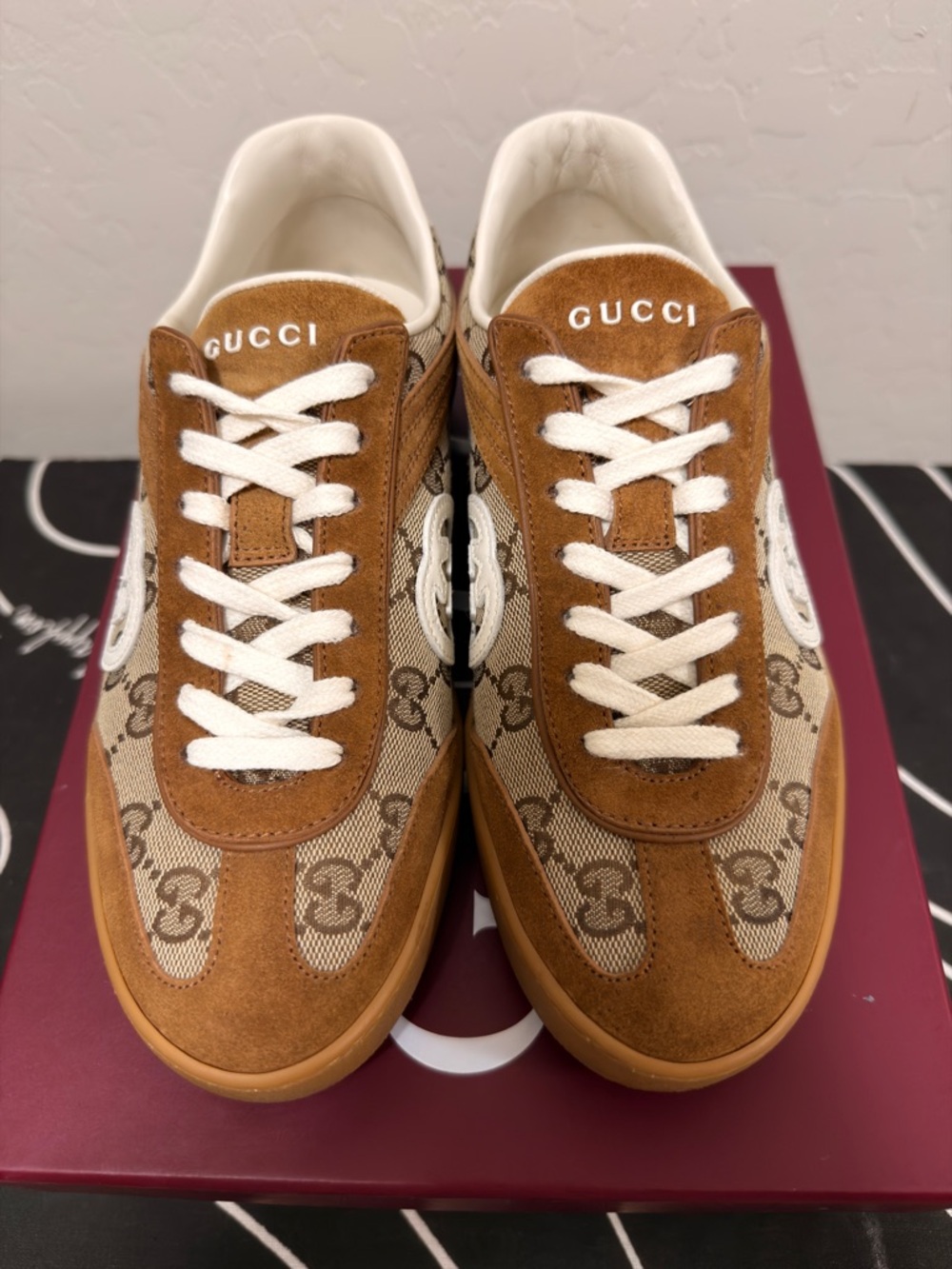 Gucci Brown and Beige GG Suede Low-Top Sneakers
